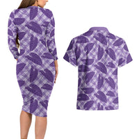 Purple Hawaii Kalo Palaka Motifs Couples Matching Long Sleeve Bodycon Dress and Hawaiian Shirt Hawaiian Taro Leaves Elegant Vibes LT14 - Polynesian Pride