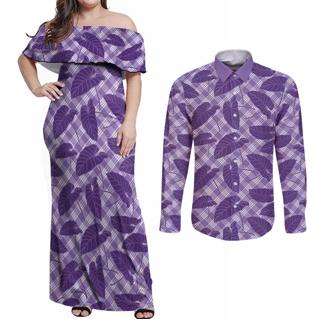 Purple Hawaii Kalo Palaka Motifs Couples Matching Off Shoulder Maxi Dress and Long Sleeve Button Shirt Hawaiian Taro Leaves Elegant Vibes LT14 Purple - Polynesian Pride