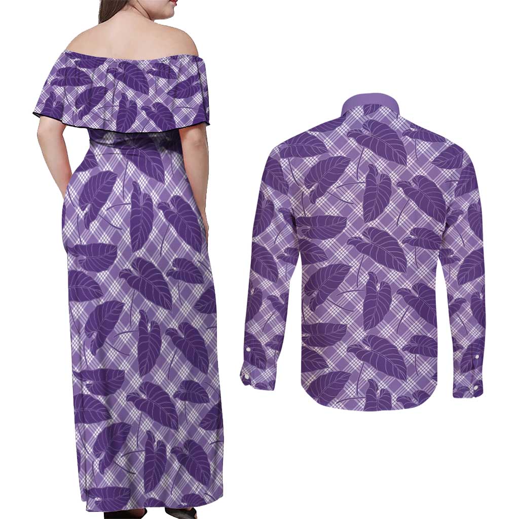 Purple Hawaii Kalo Palaka Motifs Couples Matching Off Shoulder Maxi Dress and Long Sleeve Button Shirt Hawaiian Taro Leaves Elegant Vibes LT14 - Polynesian Pride