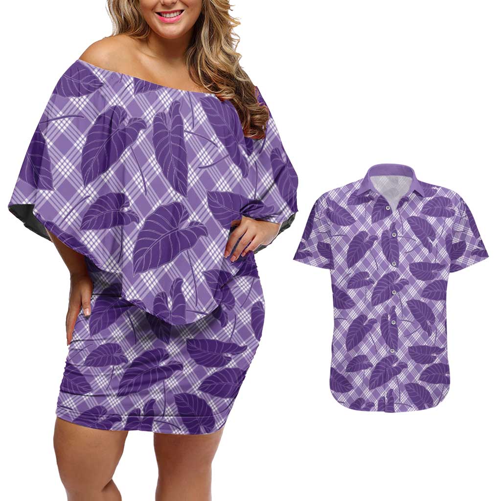 Purple Hawaii Kalo Palaka Motifs Couples Matching Off Shoulder Short Dress and Hawaiian Shirt Hawaiian Taro Leaves Elegant Vibes LT14 Purple - Polynesian Pride