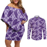 Purple Hawaii Kalo Palaka Couples Matching Set - Off Shoulder Short Dress and Long Sleeve Button Shirt LT14 Purple - Polynesian Pride