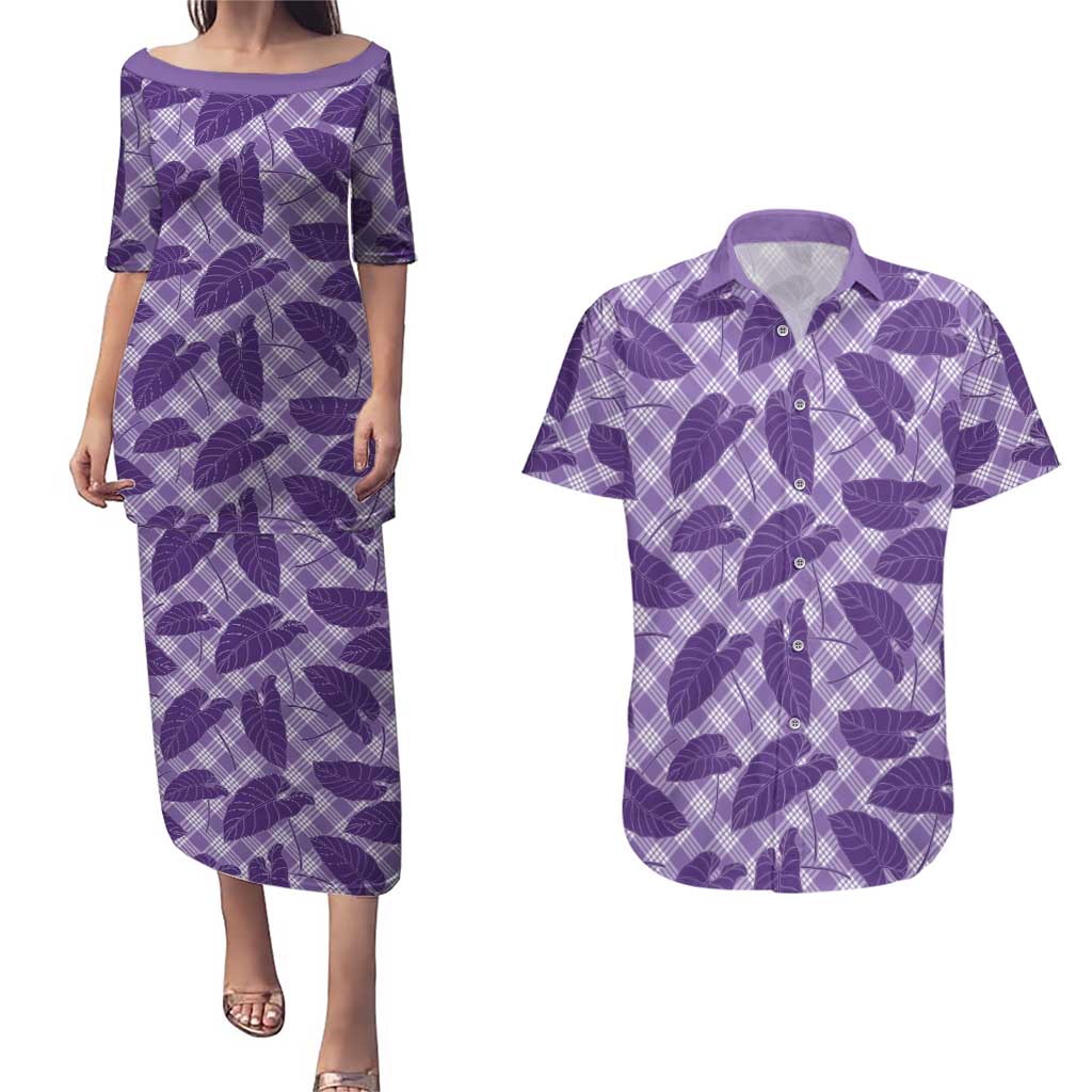 Purple Hawaii Kalo Palaka Motifs Couples Matching Puletasi and Hawaiian Shirt Hawaiian Taro Leaves Elegant Vibes LT14 Purple - Polynesian Pride