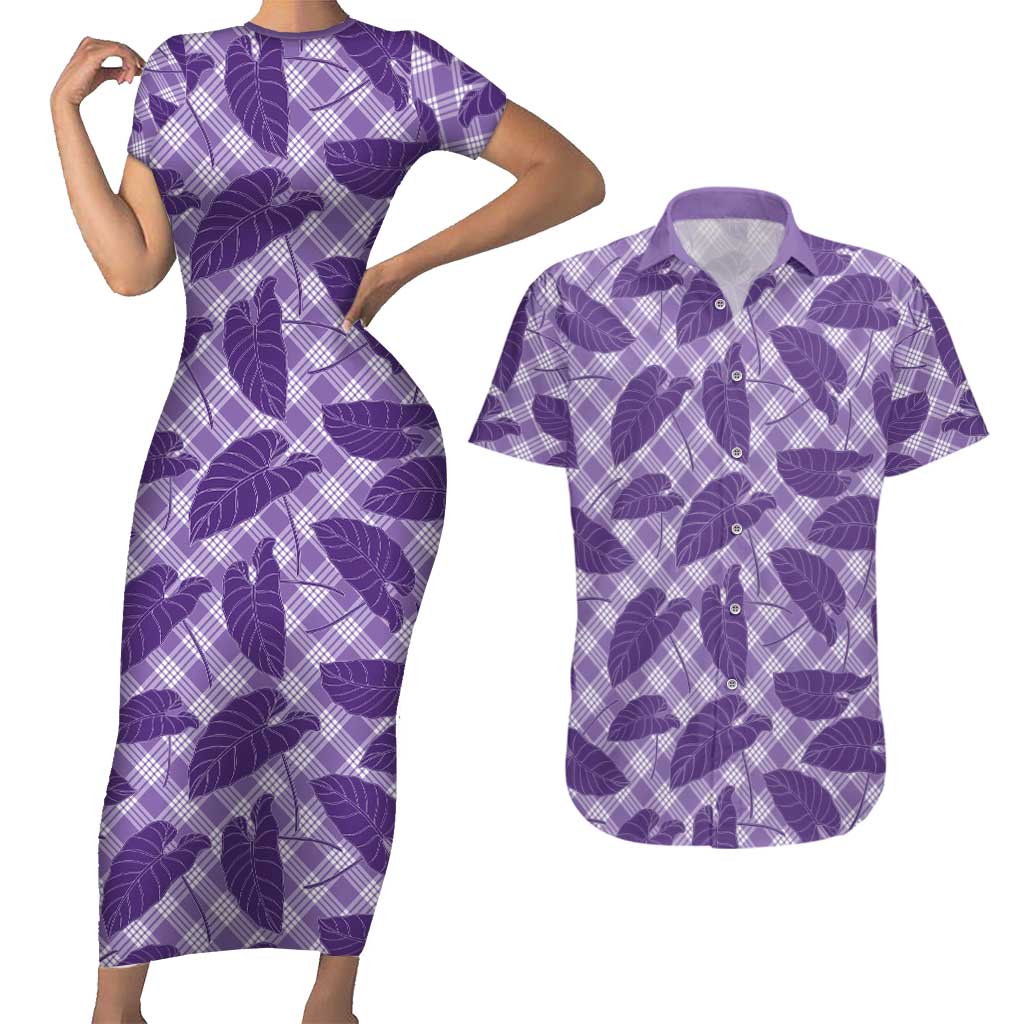 Purple Hawaii Kalo Palaka Motifs Couples Matching Short Sleeve Bodycon Dress and Hawaiian Shirt Hawaiian Taro Leaves Elegant Vibes LT14 Purple - Polynesian Pride