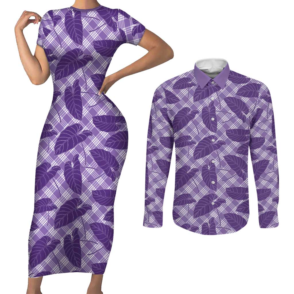 Purple Hawaii Kalo Palaka Motifs Couples Matching Short Sleeve Bodycon Dress and Long Sleeve Button Shirt Hawaiian Taro Leaves Elegant Vibes LT14 Purple - Polynesian Pride