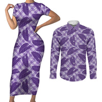 Purple Hawaii Kalo Palaka Motifs Couples Matching Short Sleeve Bodycon Dress and Long Sleeve Button Shirt Hawaiian Taro Leaves Elegant Vibes LT14 Purple - Polynesian Pride