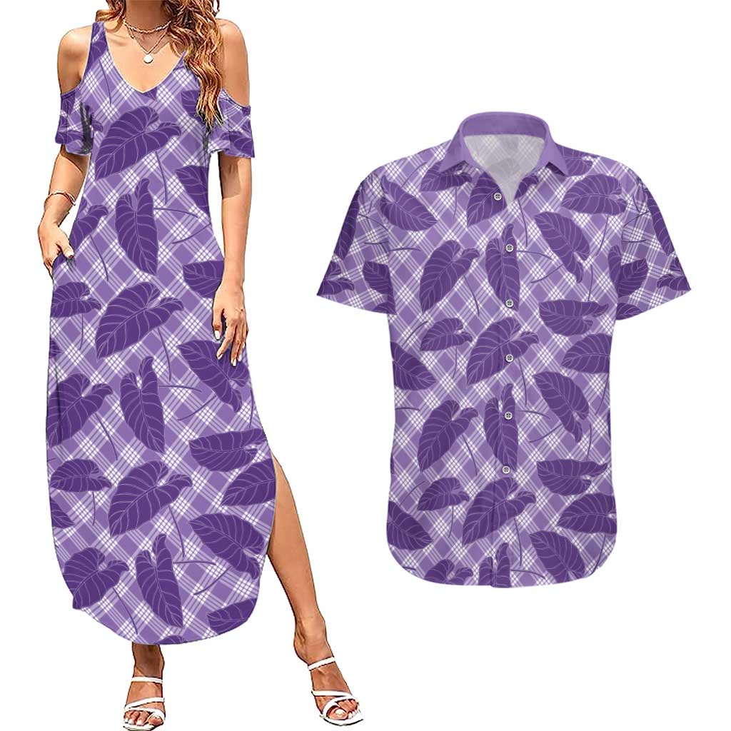 Purple Hawaii Kalo Palaka Motifs Couples Matching Summer Maxi Dress and Hawaiian Shirt Hawaiian Taro Leaves Elegant Vibes - Polynesian Pride