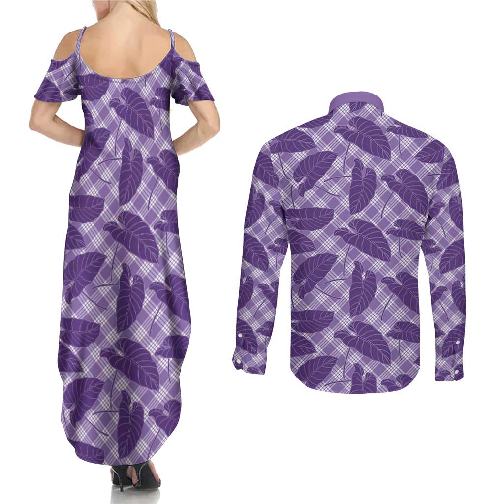 Purple Hawaii Kalo Palaka Motifs Couples Matching Summer Maxi Dress and Long Sleeve Button Shirt Hawaiian Taro Leaves Elegant Vibes LT14 - Polynesian Pride