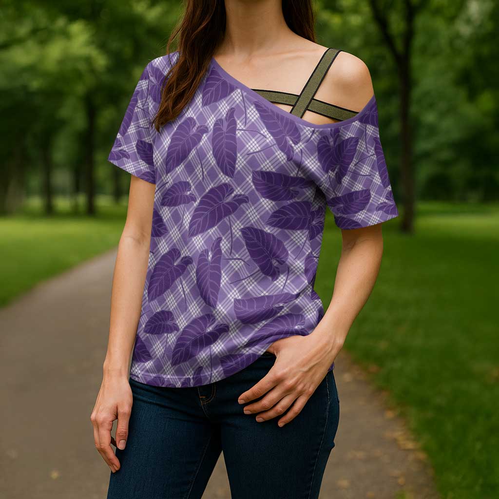 Purple Hawaii Kalo Palaka Motifs Cross Shoulder Shirt Hawaiian Taro Leaves Elegant Vibes - Polynesian Pride
