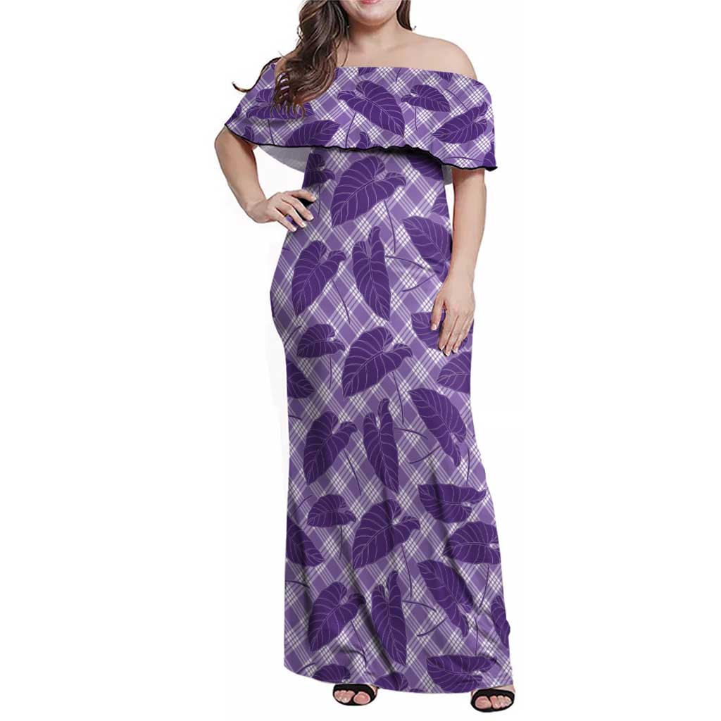 Purple Hawaii Kalo Palaka Motifs Family Matching Off Shoulder Maxi Dress and Hawaiian Shirt Hawaiian Taro Leaves Elegant Vibes LT14 Mom's Dress Purple - Polynesian Pride
