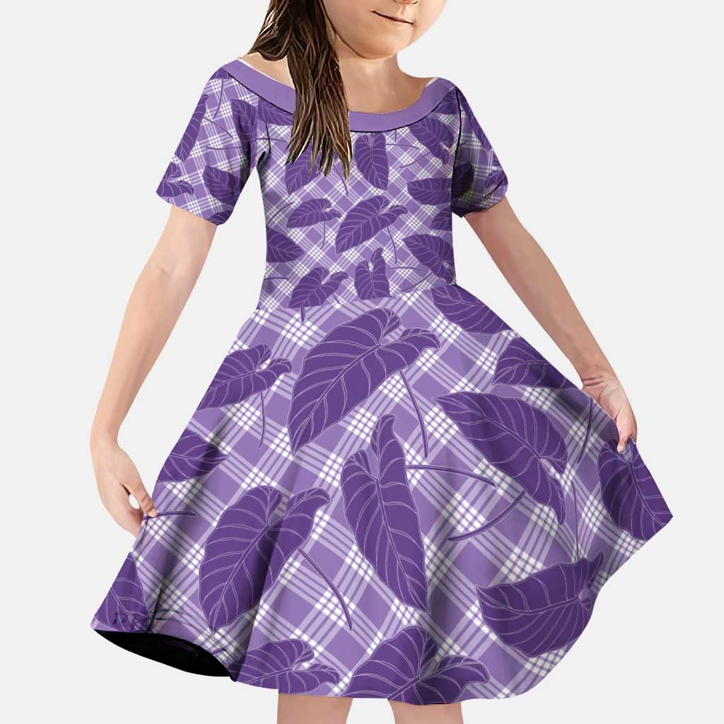 Purple Hawaii Kalo Palaka Motifs Family Matching Off Shoulder Short Dress and Hawaiian Shirt Hawaiian Taro Leaves Elegant Vibes LT14 Daughter's Dress Purple - Polynesian Pride