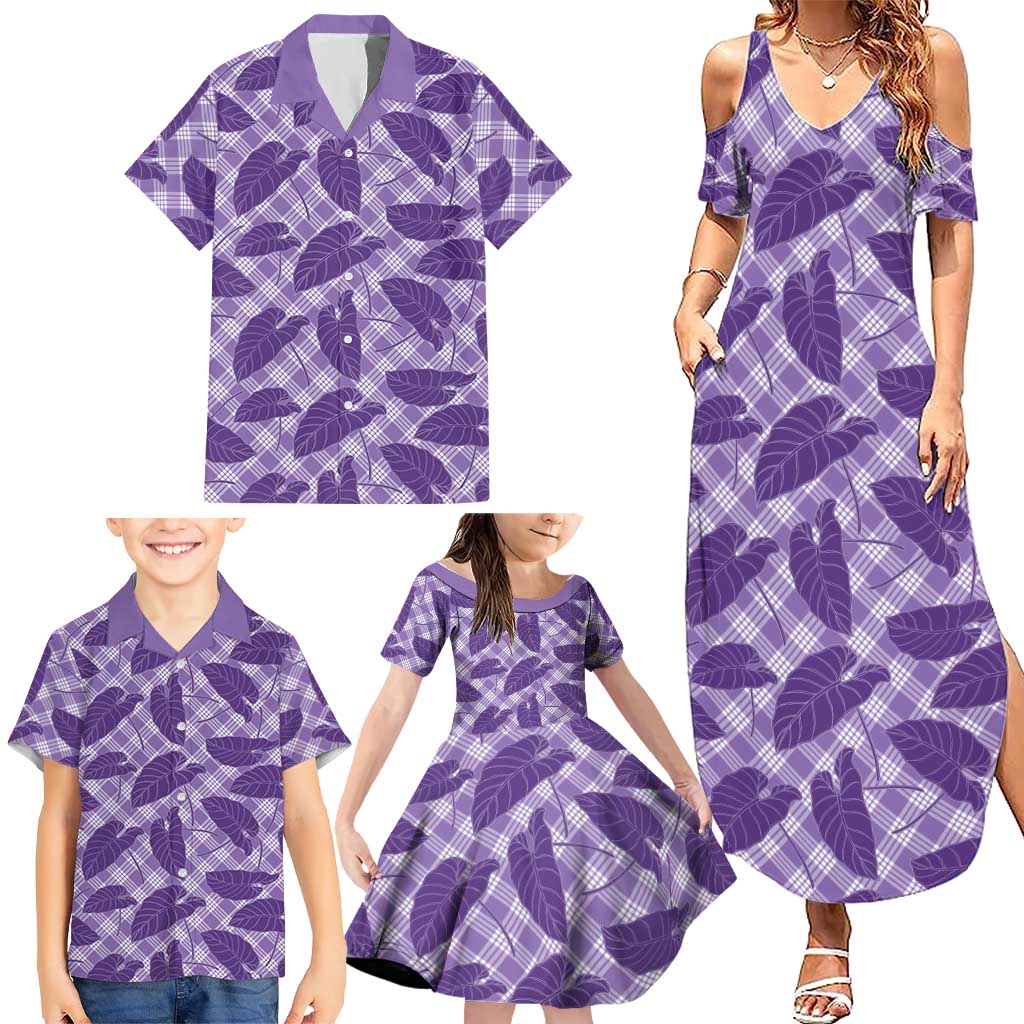 Purple Hawaii Kalo Palaka Motifs Family Matching Summer Maxi Dress and Hawaiian Shirt Hawaiian Taro Leaves Elegant Vibes - Polynesian Pride