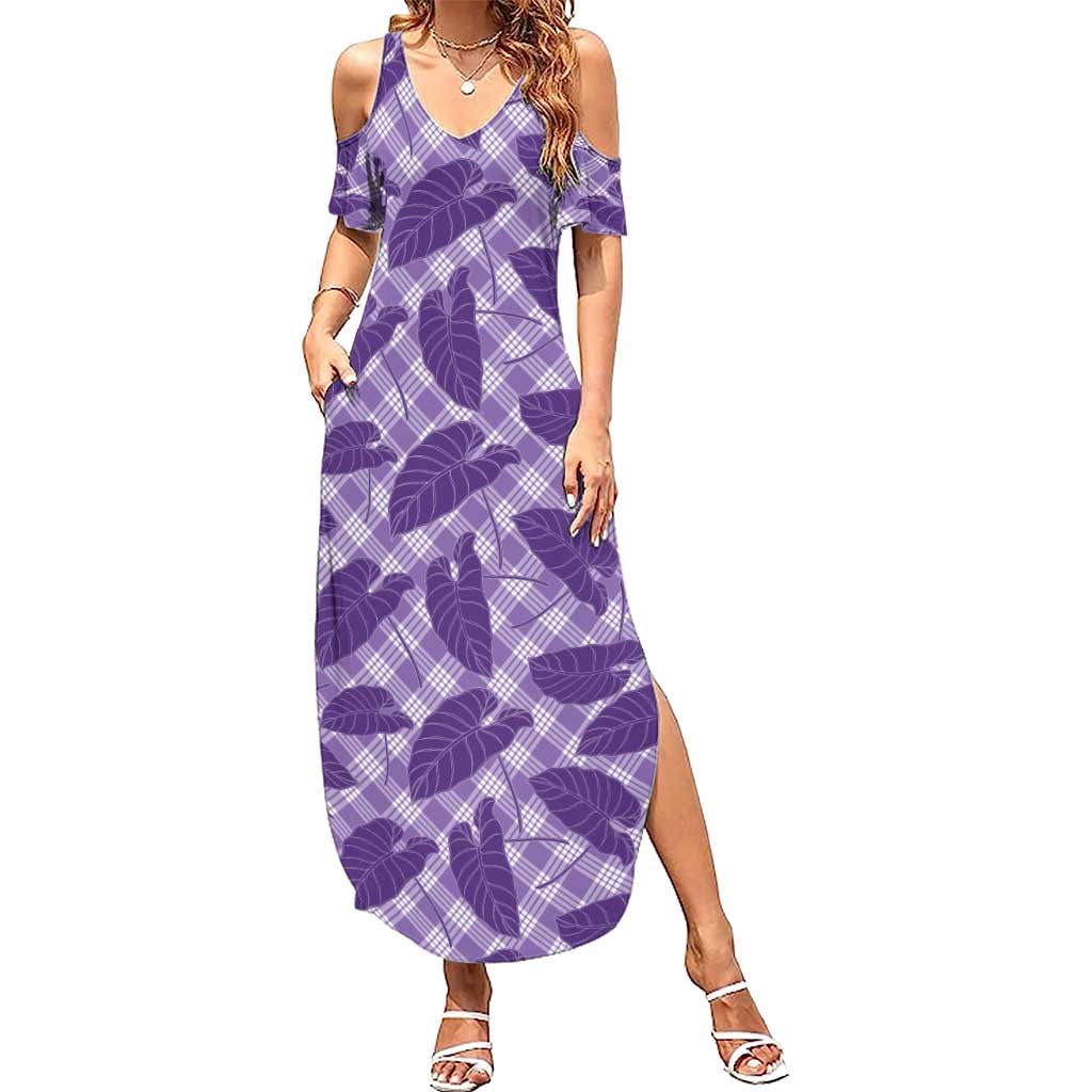 Purple Hawaii Kalo Palaka Motifs Family Matching Summer Maxi Dress and Hawaiian Shirt Hawaiian Taro Leaves Elegant Vibes LT14 Mom's Dress Purple - Polynesian Pride