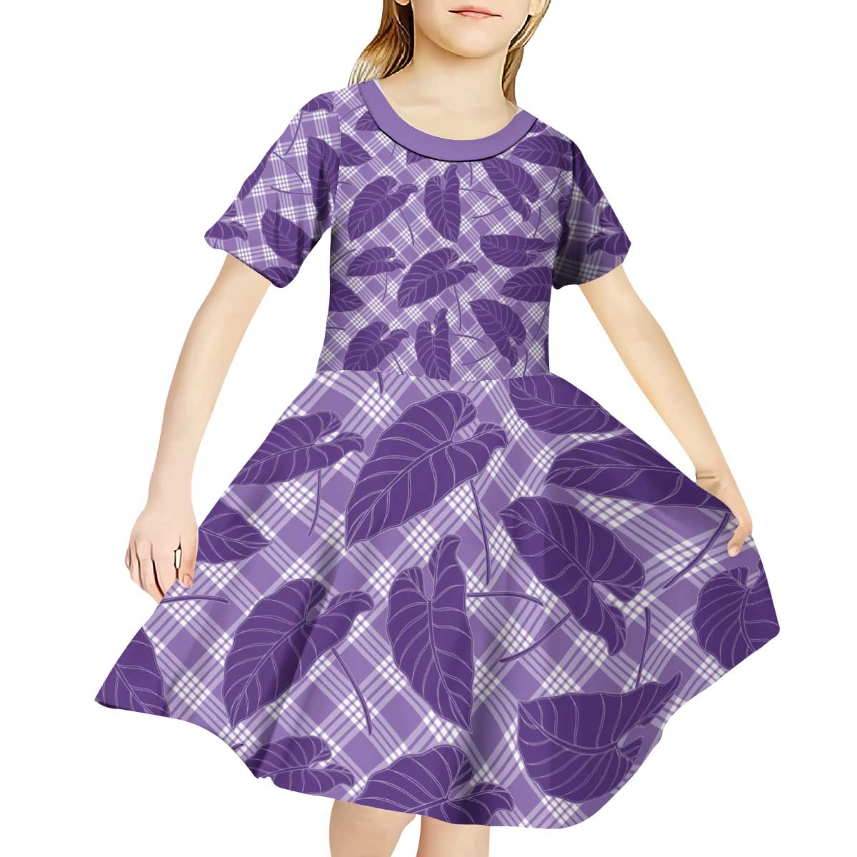 Purple Hawaii Kalo Palaka Motifs Kid Short Sleeve Dress Hawaiian Taro Leaves Elegant Vibes LT14 - Polynesian Pride