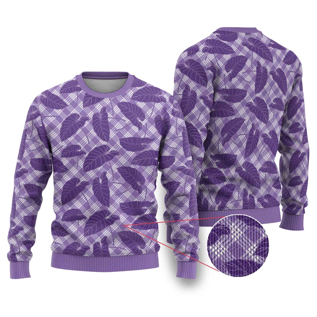 Purple Hawaii Kalo Palaka Motifs Ugly Christmas Sweater Hawaiian Taro Leaves Elegant Vibes - Polynesian Pride