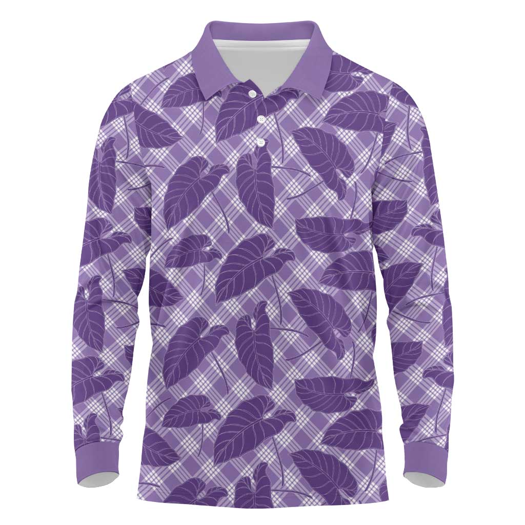 Purple Hawaii Kalo Palaka Motifs Long Sleeve Polo Shirt Hawaiian Taro Leaves Elegant Vibes LT14 Purple - Polynesian Pride
