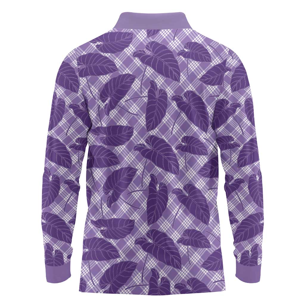 Purple Hawaii Kalo Palaka Motifs Long Sleeve Polo Shirt Hawaiian Taro Leaves Elegant Vibes LT14 - Polynesian Pride