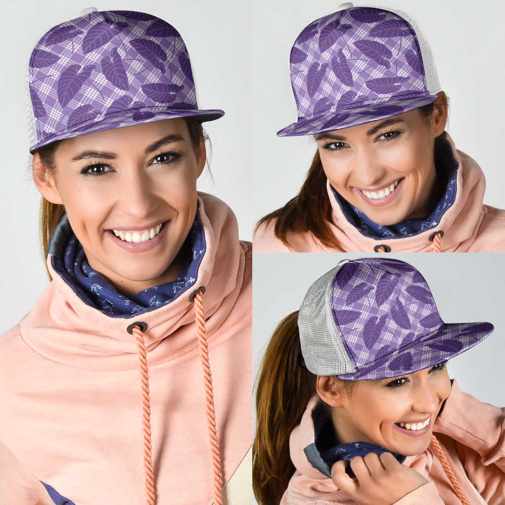 Purple Hawaii Kalo Palaka Motifs Mesh Trucker Cap Hawaiian Taro Leaves Elegant Vibes