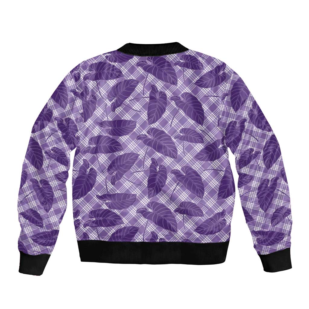 Purple Hawaii Kalo Palaka Motifs Sleeve Zip Bomber Jacket Hawaiian Taro Leaves Elegant Vibes - Polynesian Pride