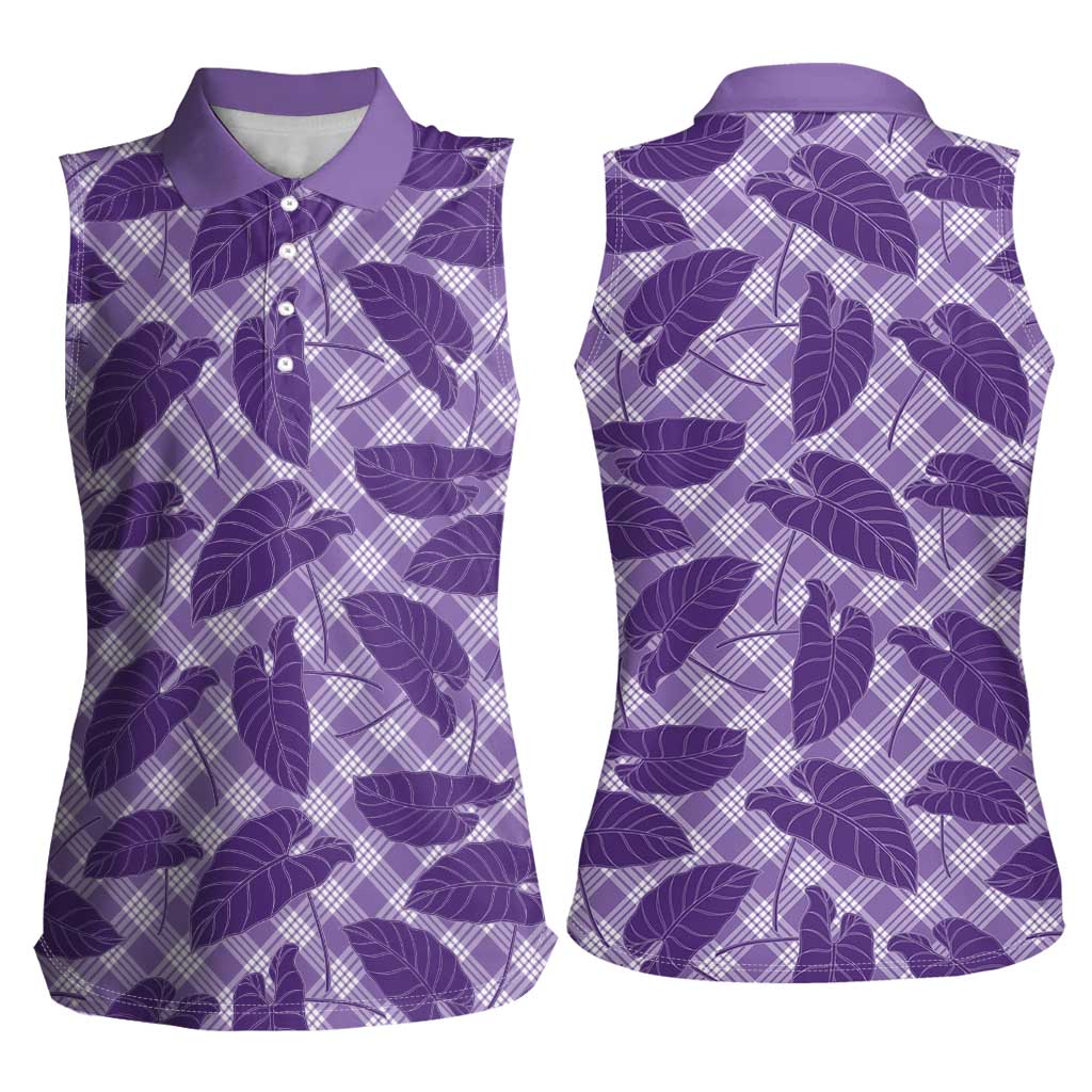 Purple Hawaii Kalo Palaka Motifs Women Sleeveless Polo Shirt Hawaiian Taro Leaves Elegant Vibes LT14 - Polynesian Pride