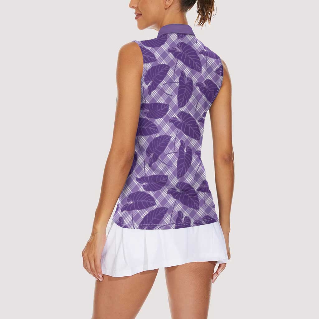 Purple Hawaii Kalo Palaka Motifs Women Sleeveless Polo Shirt Hawaiian Taro Leaves Elegant Vibes LT14 - Polynesian Pride
