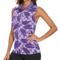 Purple Hawaii Kalo Palaka Motifs Women Sleeveless Polo Shirt Hawaiian Taro Leaves Elegant Vibes LT14 - Polynesian Pride