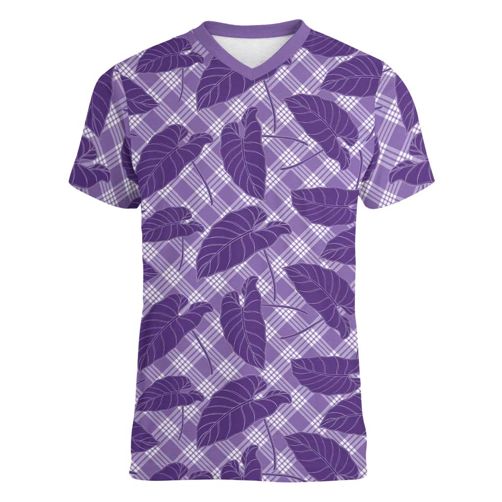 Purple Hawaii Kalo Palaka Motifs Women V-Neck T-Shirt Hawaiian Taro Leaves Elegant Vibes LT14 Female Purple - Polynesian Pride