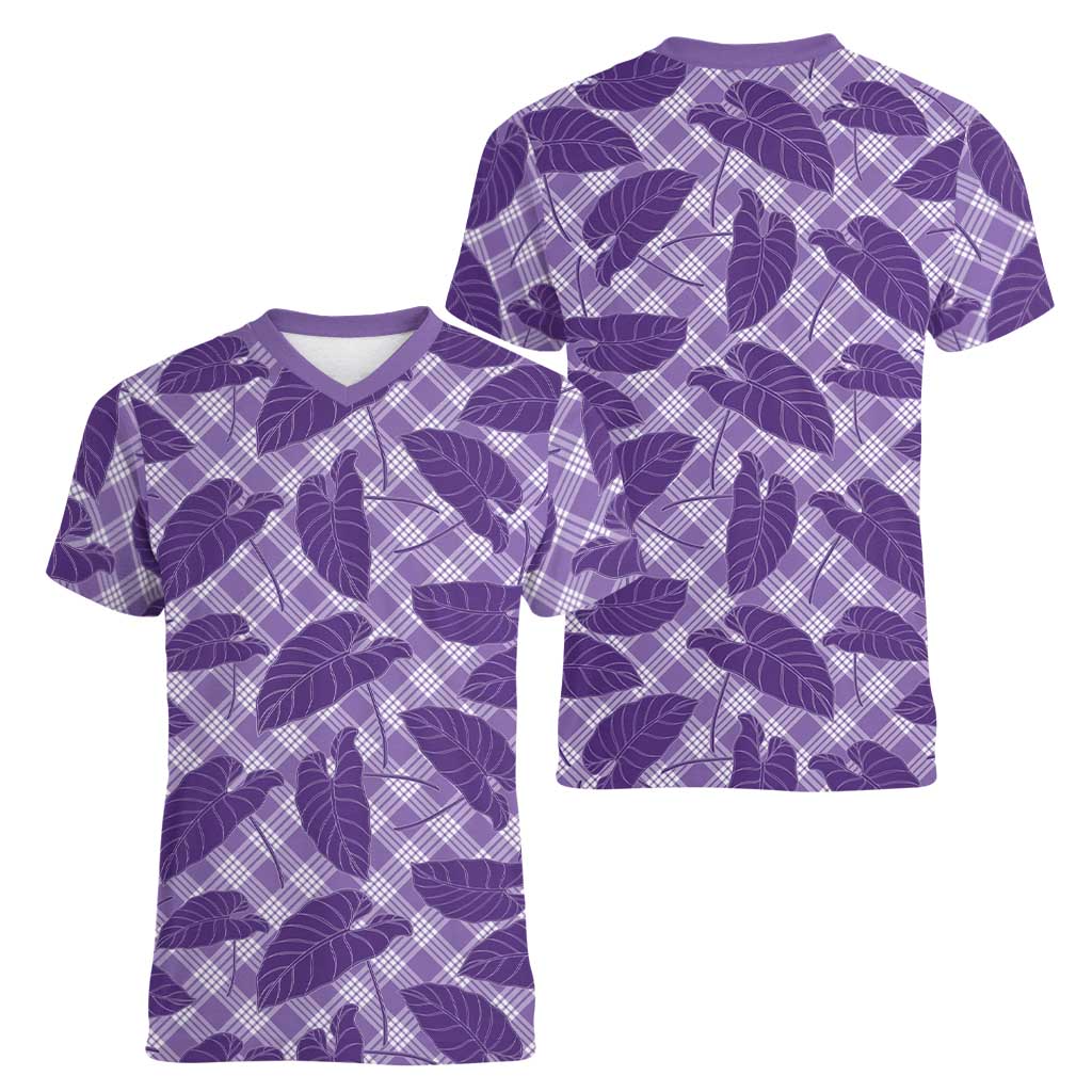 Purple Hawaii Kalo Palaka Motifs Women V-Neck T-Shirt Hawaiian Taro Leaves Elegant Vibes LT14 - Polynesian Pride