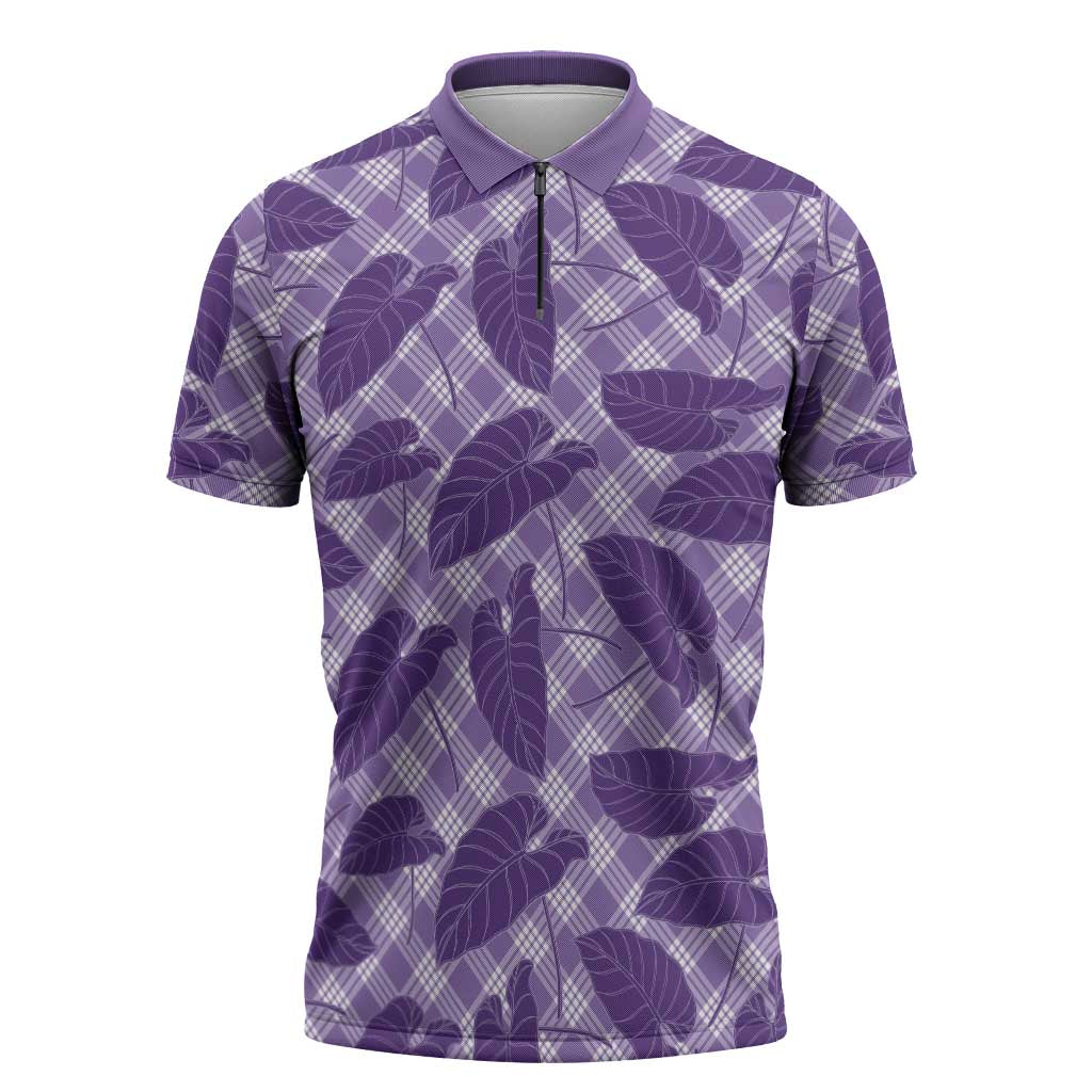 Purple Hawaii Kalo Palaka Motifs Zipper Polo Shirt Hawaiian Taro Leaves Elegant Vibes LT14 Purple - Polynesian Pride