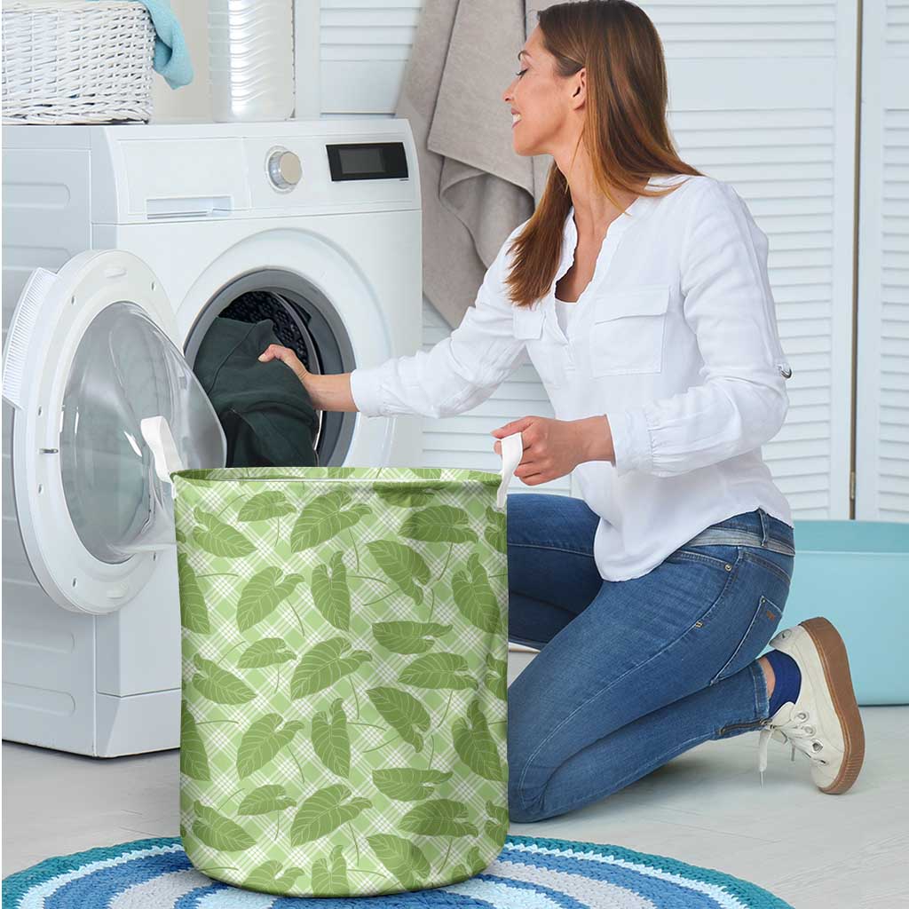 Green Hawaii Kalo Palaka Motifs Laundry Basket Hawaiian Taro Leaves Elegant Vibes - Polynesian Pride