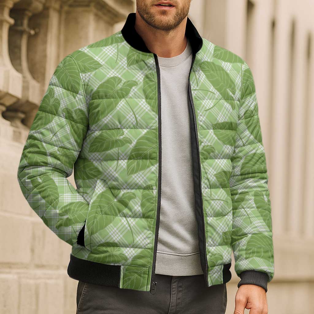 Green Hawaii Kalo Palaka Motifs Bomber Puffer Jacket Hawaiian Taro Leaves Elegant Vibes LT14 - Polynesian Pride