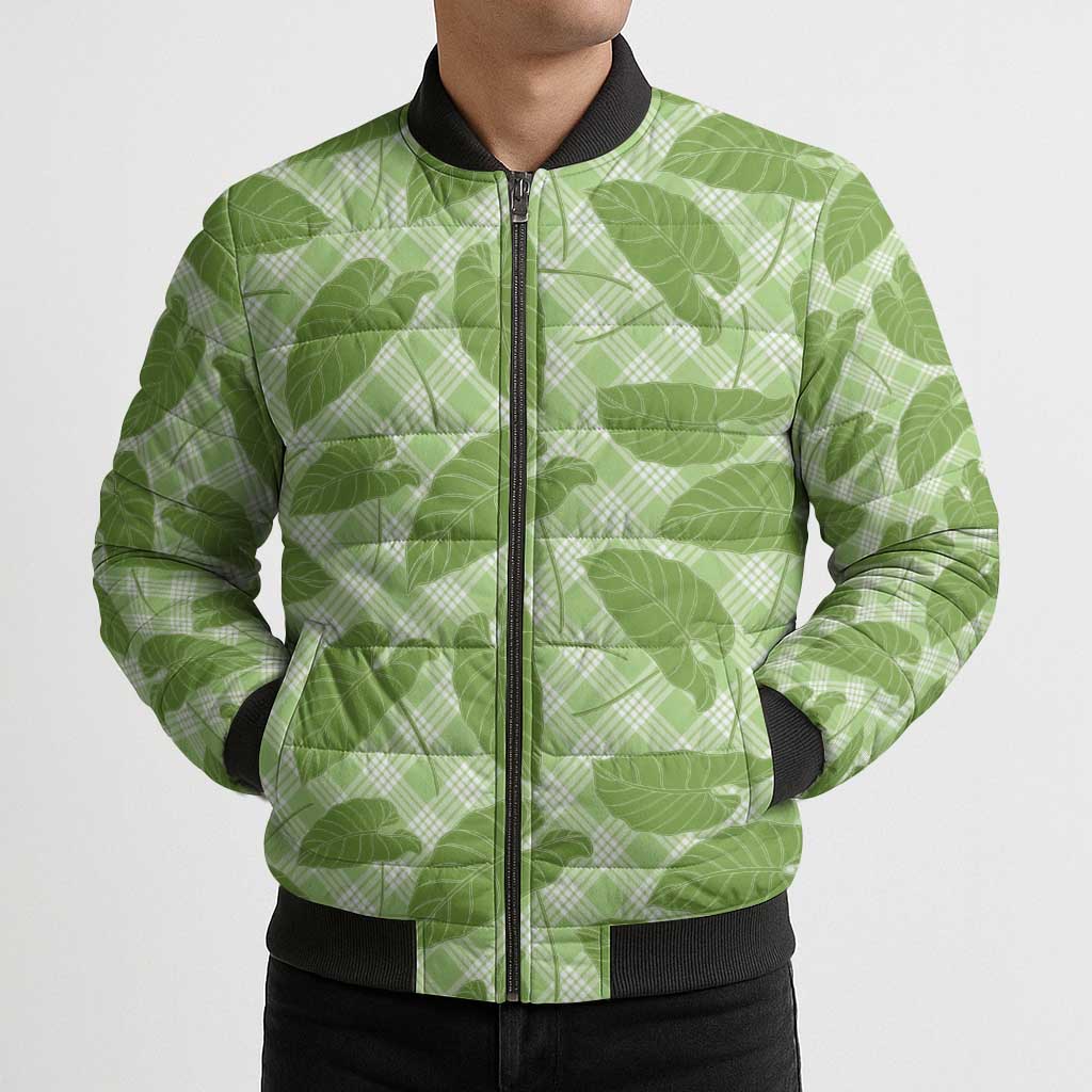 Green Hawaii Kalo Palaka Motifs Bomber Puffer Jacket Hawaiian Taro Leaves Elegant Vibes LT14 - Polynesian Pride