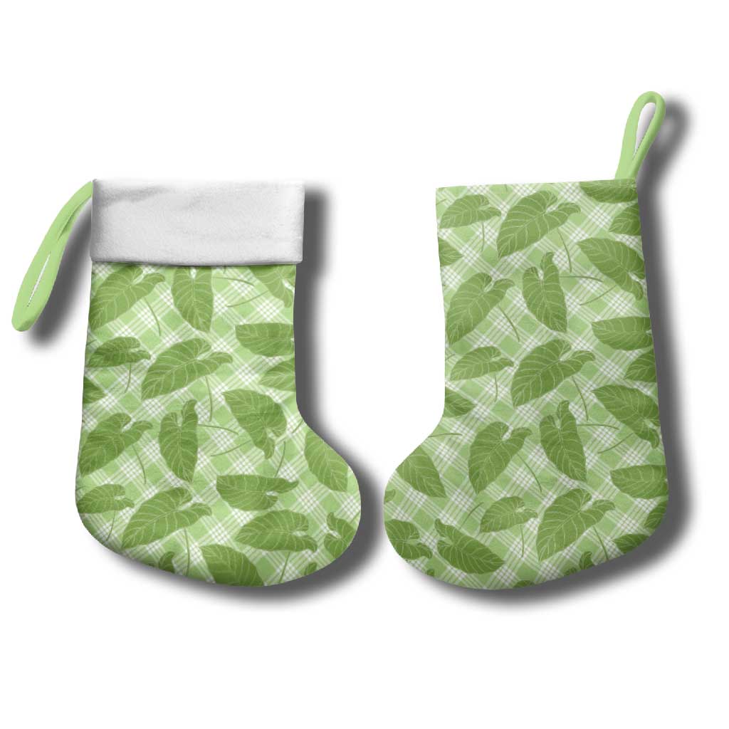Green Hawaii Kalo Palaka Motifs Christmas Stocking Hawaiian Taro Leaves Elegant Vibes - Polynesian Pride