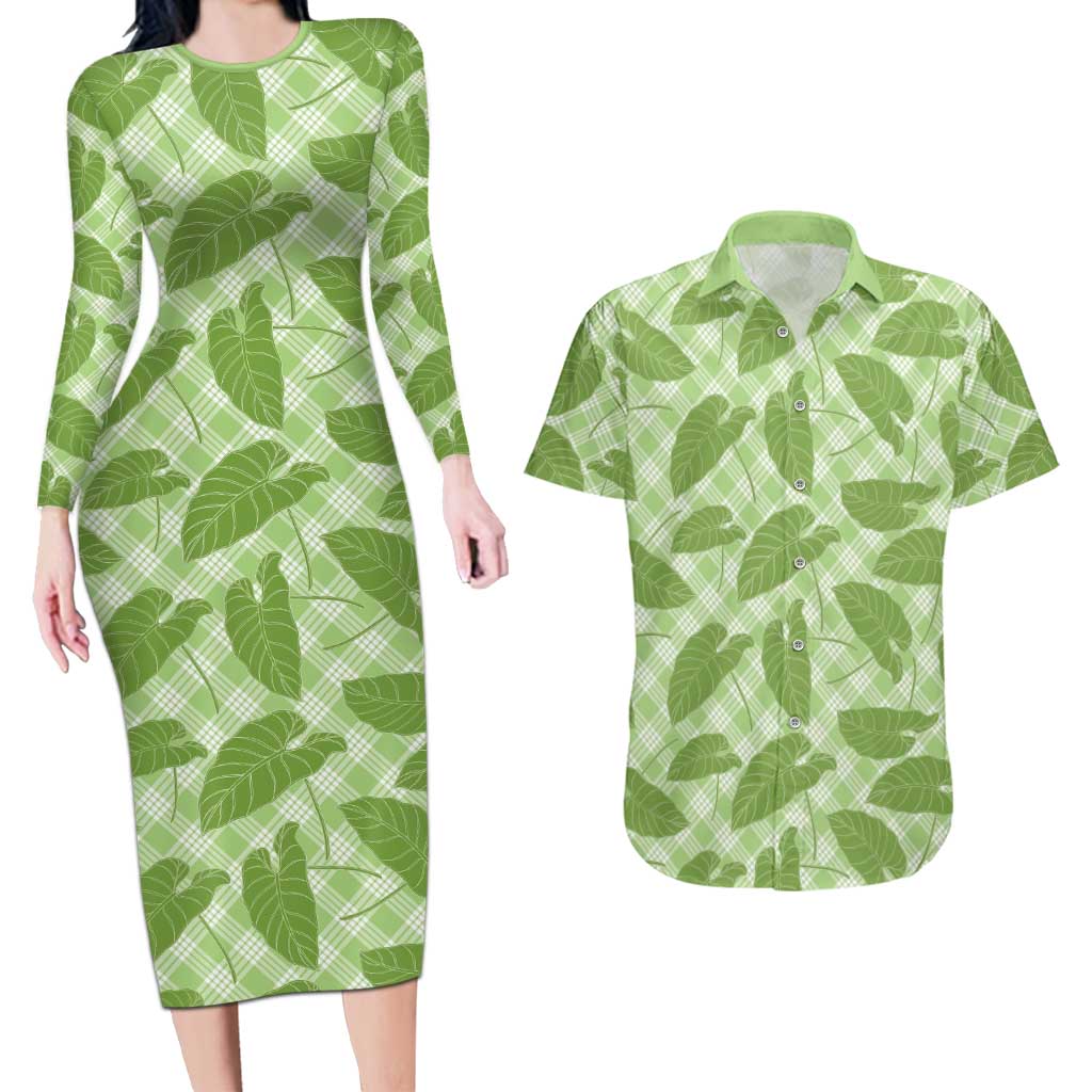 Green Hawaii Kalo Palaka Motifs Couples Matching Long Sleeve Bodycon Dress and Hawaiian Shirt Hawaiian Taro Leaves Elegant Vibes LT14 Green - Polynesian Pride