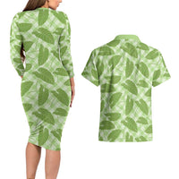 Green Hawaii Kalo Palaka Motifs Couples Matching Long Sleeve Bodycon Dress and Hawaiian Shirt Hawaiian Taro Leaves Elegant Vibes LT14 - Polynesian Pride