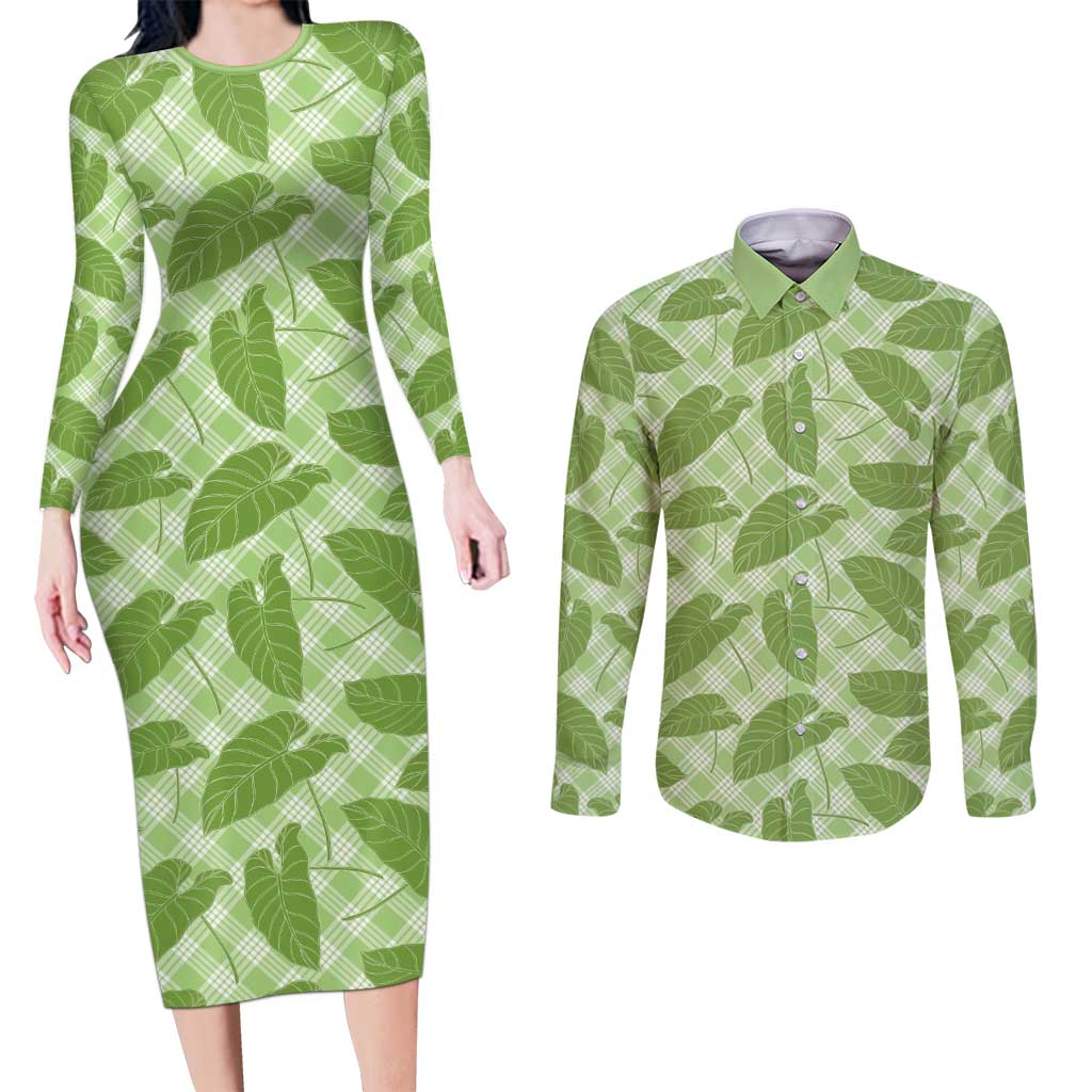 Green Hawaii Kalo Palaka Motifs Couples Matching Long Sleeve Bodycon Dress and Long Sleeve Button Shirt Hawaiian Taro Leaves Elegant Vibes LT14 Green - Polynesian Pride