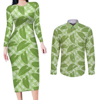 Green Hawaii Kalo Palaka Motifs Couples Matching Long Sleeve Bodycon Dress and Long Sleeve Button Shirt Hawaiian Taro Leaves Elegant Vibes LT14 Green - Polynesian Pride