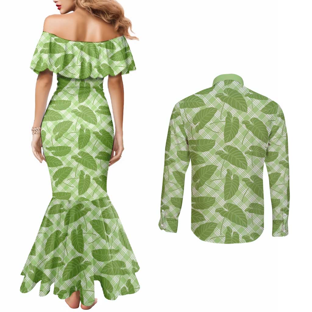 Green Hawaii Kalo Palaka Motifs Couples Matching Mermaid Dress and Long Sleeve Button Shirt Hawaiian Taro Leaves Elegant Vibes LT14 - Polynesian Pride