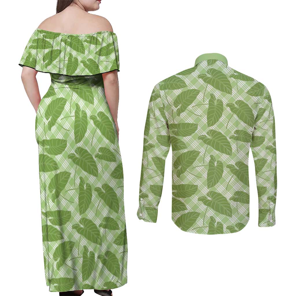 Green Hawaii Kalo Palaka Motifs Couples Matching Off Shoulder Maxi Dress and Long Sleeve Button Shirt Hawaiian Taro Leaves Elegant Vibes LT14 - Polynesian Pride