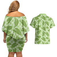 Green Hawaii Kalo Palaka Motifs Couples Matching Off Shoulder Short Dress and Hawaiian Shirt Hawaiian Taro Leaves Elegant Vibes LT14 - Polynesian Pride