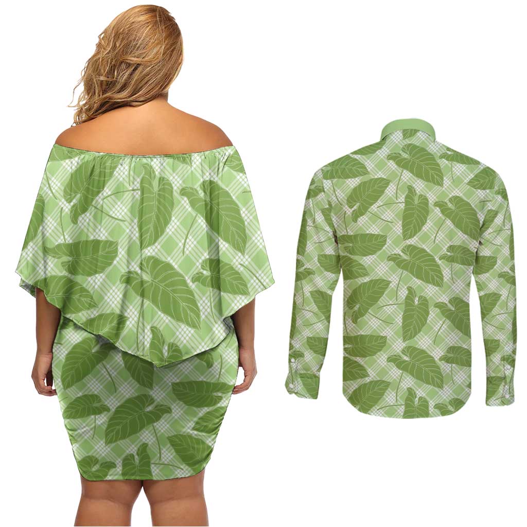 Green Hawaii Kalo Palaka Motifs Couples Matching Off Shoulder Short Dress and Long Sleeve Button Shirt Hawaiian Taro Leaves Elegant Vibes LT14 - Polynesian Pride