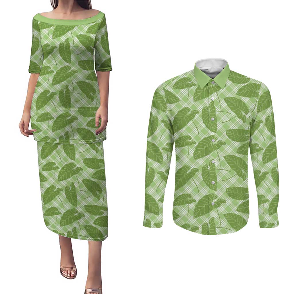 Green Hawaii Kalo Palaka Motifs Couples Matching Puletasi and Long Sleeve Button Shirt Hawaiian Taro Leaves Elegant Vibes - Polynesian Pride