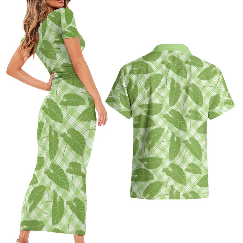 Green Hawaii Kalo Palaka Motifs Couples Matching Short Sleeve Bodycon Dress and Hawaiian Shirt Hawaiian Taro Leaves Elegant Vibes LT14 - Polynesian Pride