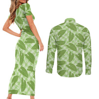 Green Hawaii Kalo Palaka Motifs Couples Matching Short Sleeve Bodycon Dress and Long Sleeve Button Shirt Hawaiian Taro Leaves Elegant Vibes LT14 - Polynesian Pride