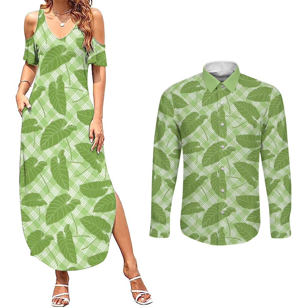 Green Hawaii Kalo Palaka Motifs Couples Matching Summer Maxi Dress and Long Sleeve Button Shirt Hawaiian Taro Leaves Elegant Vibes - Polynesian Pride