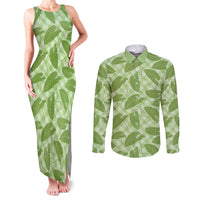 Green Hawaii Kalo Palaka Motifs Couples Matching Tank Maxi Dress and Long Sleeve Button Shirt Hawaiian Taro Leaves Elegant Vibes LT14 Green - Polynesian Pride