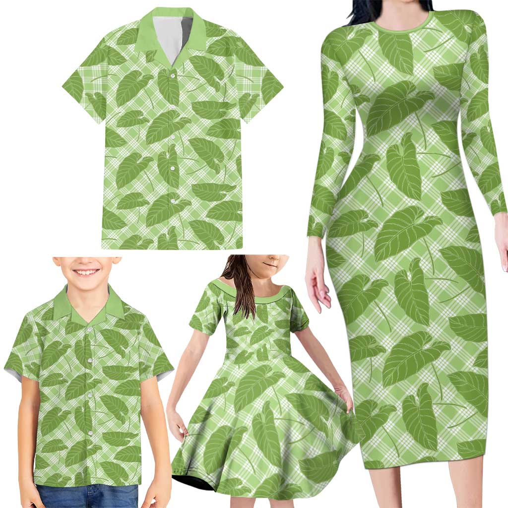 Green Hawaii Kalo Palaka Motifs Family Matching Long Sleeve Bodycon Dress and Hawaiian Shirt Hawaiian Taro Leaves Elegant Vibes - Polynesian Pride