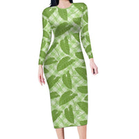 Green Hawaii Kalo Palaka Motifs Family Matching Long Sleeve Bodycon Dress and Hawaiian Shirt Hawaiian Taro Leaves Elegant Vibes LT14 Mom's Dress Green - Polynesian Pride