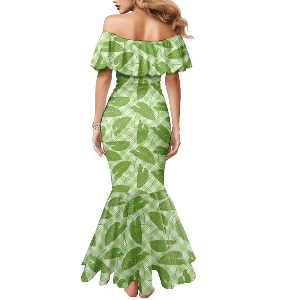 Green Hawaii Kalo Palaka Motifs Family Matching Mermaid Dress and Hawaiian Shirt Hawaiian Taro Leaves Elegant Vibes LT14 - Polynesian Pride