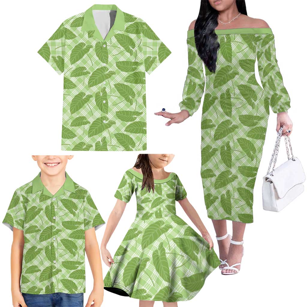 Green Hawaii Kalo Palaka Motifs Family Matching Off The Shoulder Long Sleeve Dress and Hawaiian Shirt Hawaiian Taro Leaves Elegant Vibes LT14 - Polynesian Pride