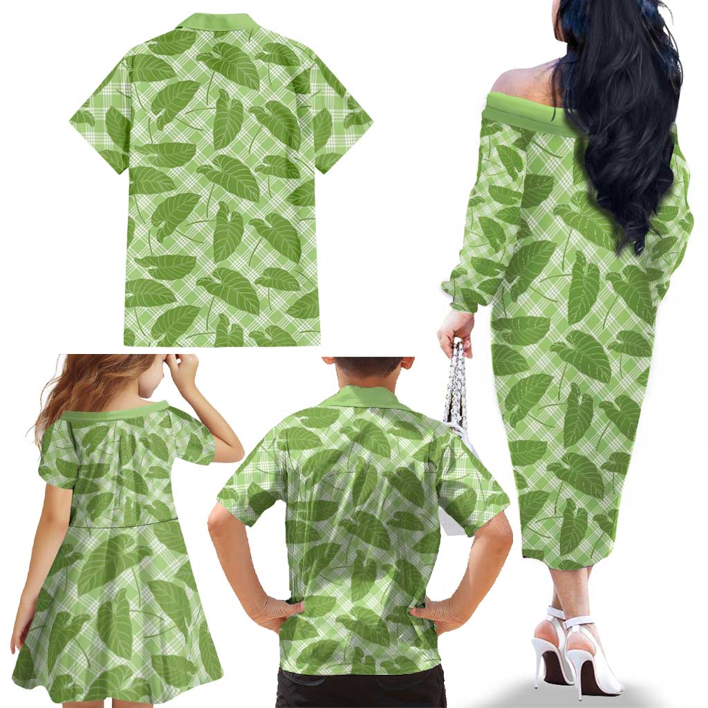 Green Hawaii Kalo Palaka Motifs Family Matching Off The Shoulder Long Sleeve Dress and Hawaiian Shirt Hawaiian Taro Leaves Elegant Vibes LT14 - Polynesian Pride
